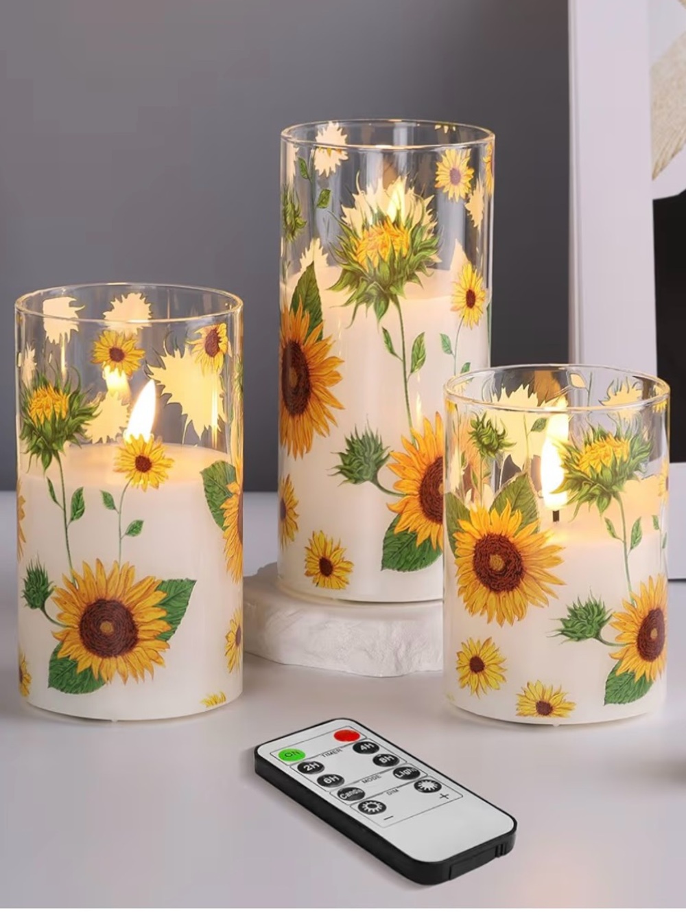 Sunflower Glass Flameless Pillar Candles with Remote, Flickering LED Set of 3